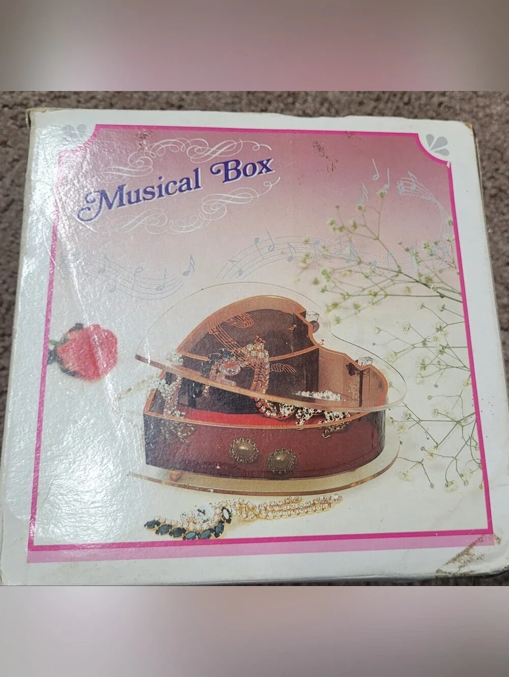 Vintage 1986 Lucite Heary Shaped Musical Jewelry Box